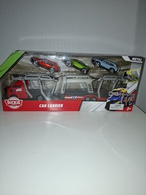 Express Red Car Carrier Toy with Red, Green and Light Blue Metal Cars